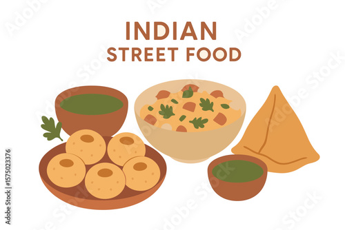 Indian street food delights: samosa, pani puri, and chaat in flat design