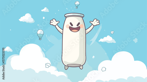 Skydiving Cartoon Mascot Holds Bottle of Milk, Exciting Adventure Scene