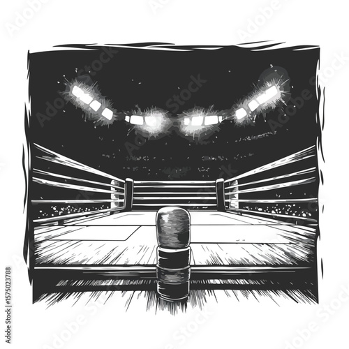 Dynamic Boxing Stadium Cartoon Vector Illustration in Grayscale