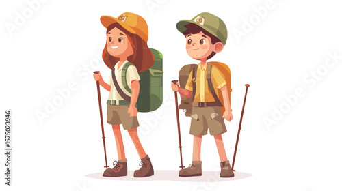 Scout Outfit Boy and Girl Hiking Adventure on White Background
