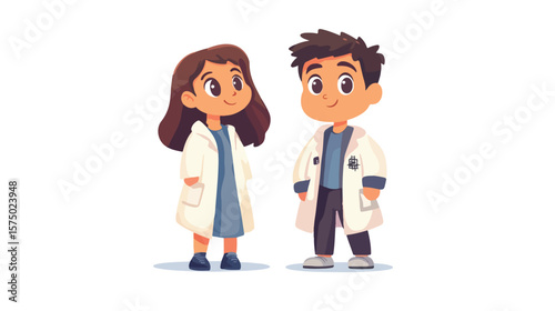 Young boy and girl in science gown on white background illustration