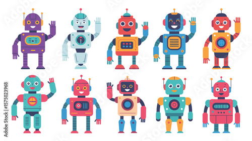 Robot Characters Collection – Playful Cartoon Bots Waving Hello, Smiling, and Expressing Joy in Flat Vector Style for Children’s Posters, Games, and Educational Materials