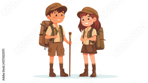 Scout Uniformed Boy and Girl with Walking Stick Outdoors