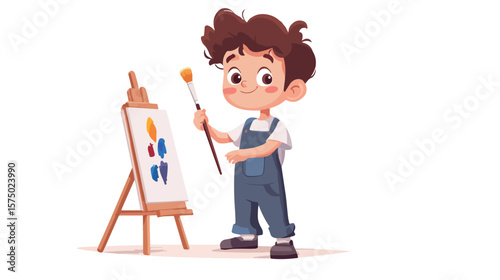 Young Boy Artist Holding Brush and Paint Color Flat Vector Illustration