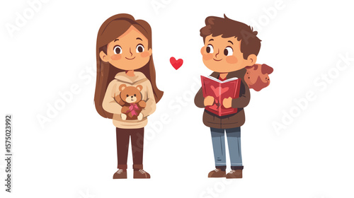 Young Boy and Girl Volunteers with Books and Teddy Bear