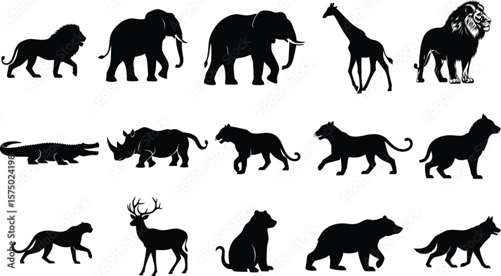 Naklejka premium Vector animal silhouettes vector set: lion, elephant, giraffe, bear, wolf, rhino, deer and more icons