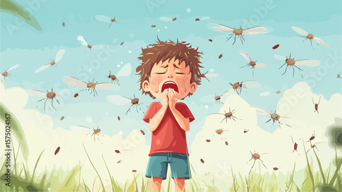 Upset Boy Crying Due to Mosquito Bites