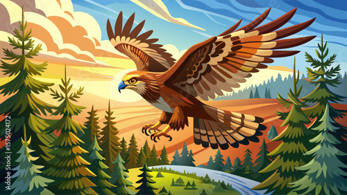 Autumn wildlife, bird of prey Common Buzzard, Buteo buteo, flight on coniferous spruce tree branch. Wildlife scene from the nature. Landing on spruce tree. Buzzard fly in the forest