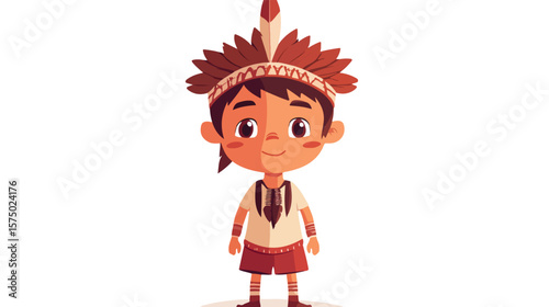 Boy Dressed Up as Red Indian Flat Vector Illustration