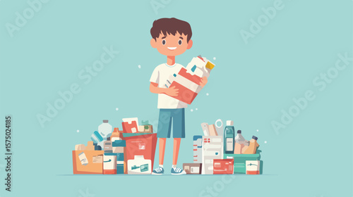 Young boy donating medical supplies in flat vector illustration