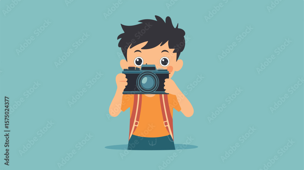 Young Boy Capturing Moments with a Camera in Flat Vector Illustration Young Boy Capturing Moments with a Camera in Flat Vector Illustration