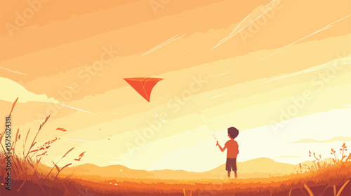 Boy Flying Kite Flat Vector Illustration