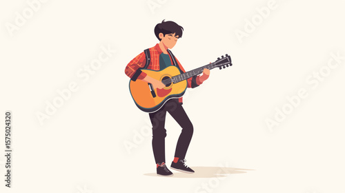 Talented Boy Guitar Player Flat Vector Illustration