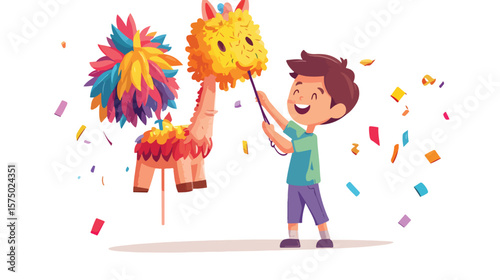 Joyful boy hitting pinata party celebration flat vector illustration