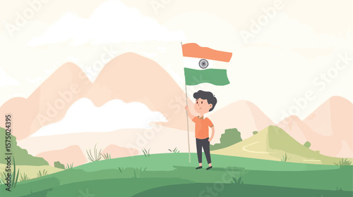 Young boy holding the flag of India in a flat vector illustration