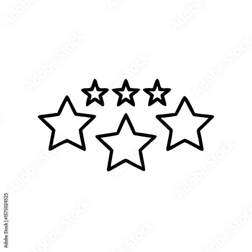 Five stars in a horizontal row outline icon of rating or review  