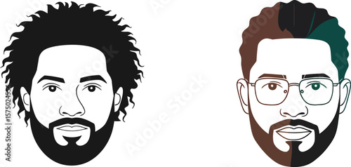 Vector man face illustration vector art design with beard and curly hair style drawing template image