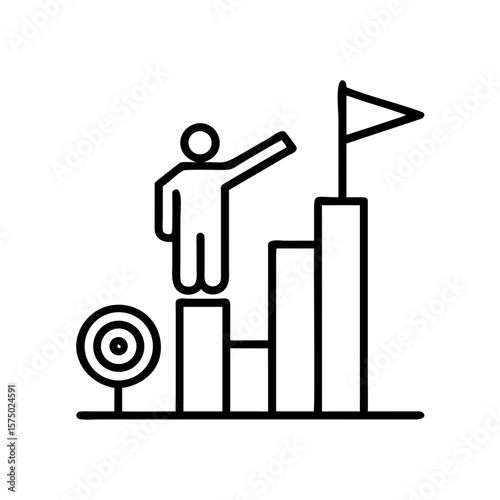 Person standing triumphantly on bar graph with a flag and target  