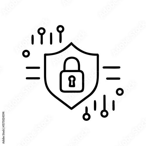 Cybersecurity icon with a padlock inside a shield and digital lines  