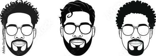 Vector three men faces illustration, diverse hairstyles and beards, wearing glasses, black and white art