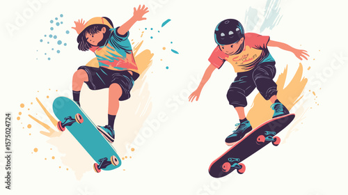 Young Boy Skateboarding Flat Vector Illustration