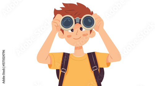 Young boy exploring with binoculars on white background
