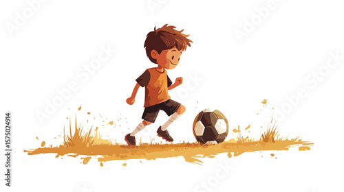 Young Boy Playing Soccer Game Flat Vector Illustration
