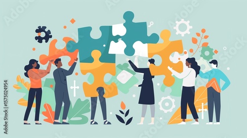 Vector illustration in simple flat style - teamwork and development concept - people holding abstract geometric shapes and puzzle pieces - organisation and management