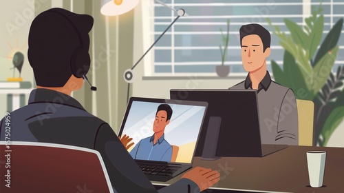 Video conference. Business partners communicate via video using laptop. The guy talks with his business partners appearance about plans and strategy. Distant work