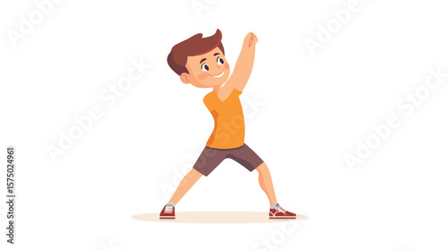 Young boy practicing stretch exercise in flat vector illustration
