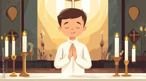 Young Boy Praying in First Communion Flat Vector Illustration