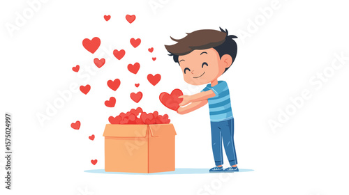 Heartwarming Charity: Boy Putting Hearts into Donation Box - Vector Illustration