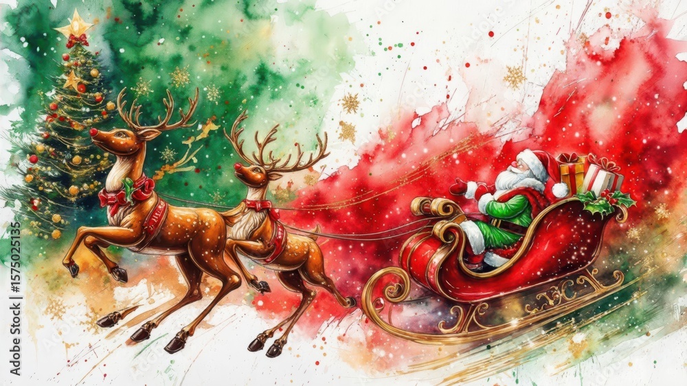 Fototapeta premium Santa Claus's sleigh with reindeer flying against a Christmas background. Concept of New Year's holiday