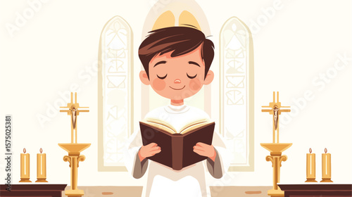 Young boy with Bible in first communion flat vector illustration