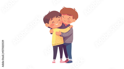 Happy Boys Characters Hugging in Flat Vector Illustration