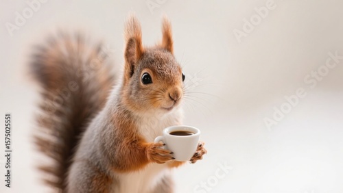 Adorable squirrel holding a tiny cup of coffee with a curious expression, captured in a charming studio shot, ideal for animal lovers and coffee enthusiasts alike .