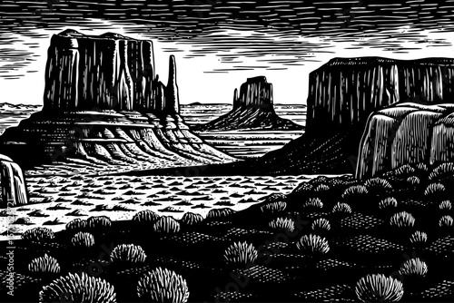 Utah’s red rock desert with arches, cliffs, shrubs, and dry plateaus drawn in expressive black and white line art illustration for posters, travel blogs, and desert themed projects