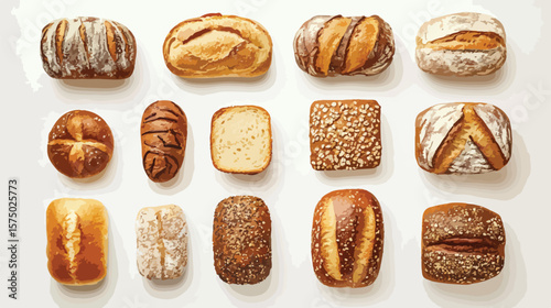 Variety of Fresh Bread Products Flat Vector Illustration