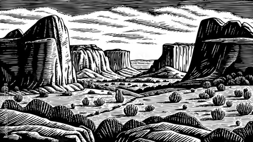 Utah’s red rock desert with arches, cliffs, shrubs, and dry plateaus drawn in expressive black and white line art illustration for posters, travel blogs, and desert themed projects