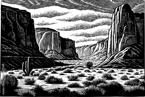 Utah’s red rock desert with arches, cliffs, shrubs, and dry plateaus drawn in expressive black and white line art illustration for posters, travel blogs, and desert themed projects