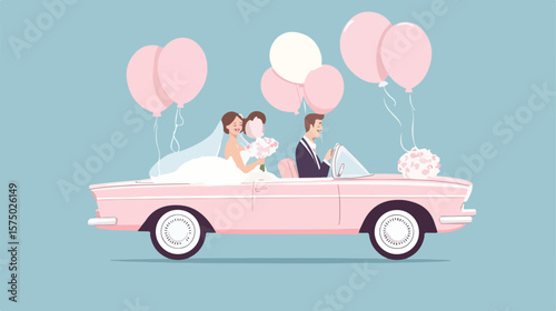 Bride and Groom in Convertible Car with Balloon