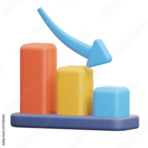 Colorful 3D bar graph with a blue downward arrow. Shows negative growth. Use for financial reports, presentations, and websites.