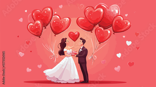 Elegant Bride and Groom Holding Heart Balloons at Wedding Celebration