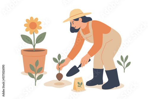 Gardener planting seedlings in flower pot in flat design on white background