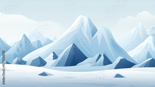 Snowy Mountain Range with Geometric Peaks and a Pale Blue Sky Backdrop