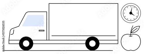 Large delivery truck, wall clock, apple signifying punctuality, freshness, and logistics. Ideal for supply chain, delivery services, food logistics, time management efficiency scheduling simple