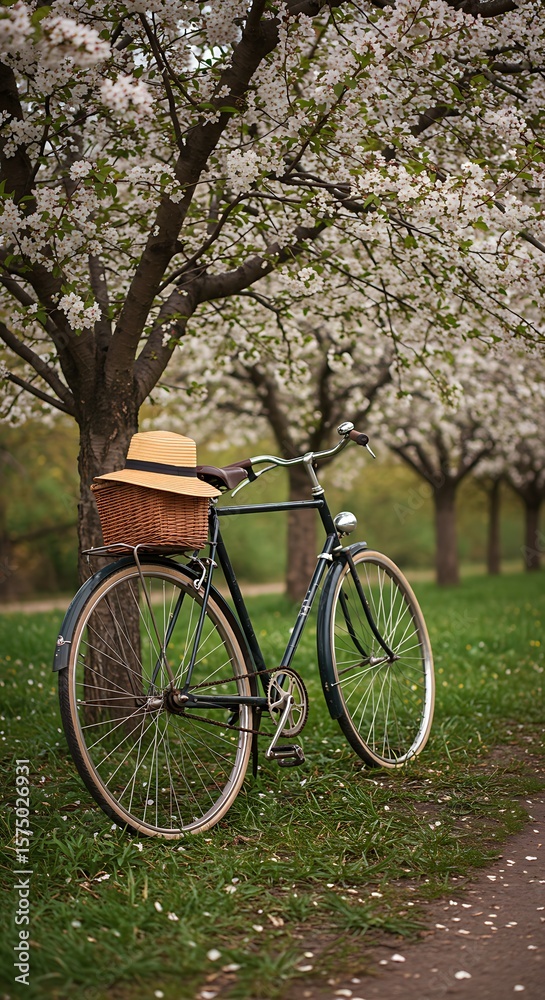 Fototapeta premium Old bicycle near blossoming tree with straw hat 