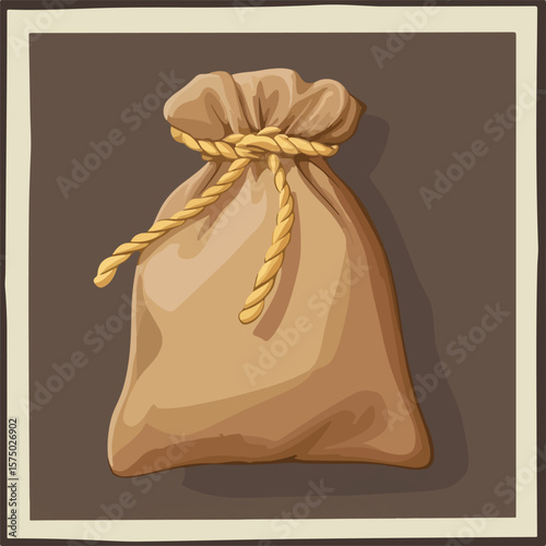 Brown Sack Closed with Rope Vector Illustration