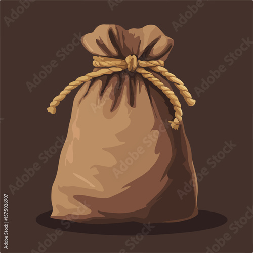 Brown Sack Closed with Rope Flat Vector Illustration
