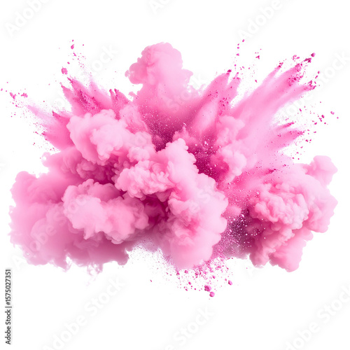Colorful pink smoke bomb bursting mid-air, dense swirling smoke texture, isolated on transparent background